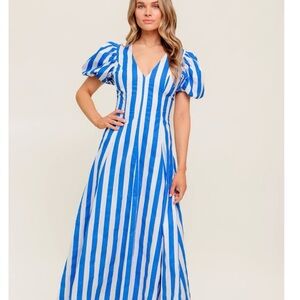 Flying Tomato Blue & White Striped Puff Sleeve Midi Dress | Size M